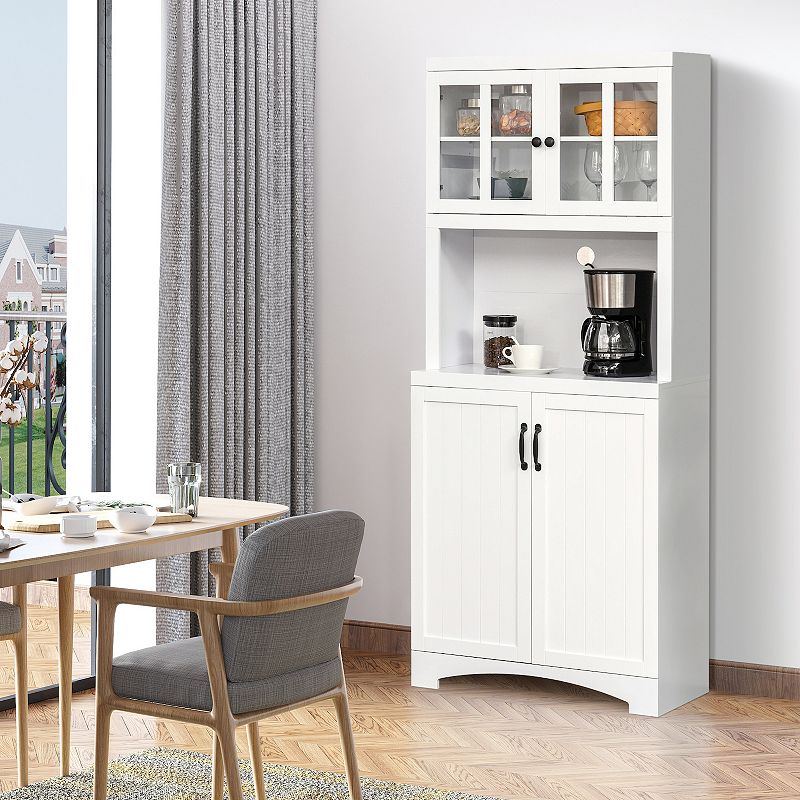 HOMCOM Accent Kitchen Buffet and Hutch Wooden Storage Cabinet with Glass Framed Door and Microwave Space White