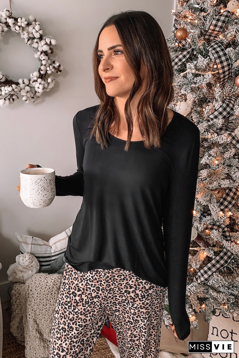 Long Sleeve Top and Leopard Print Pants Lounge Set