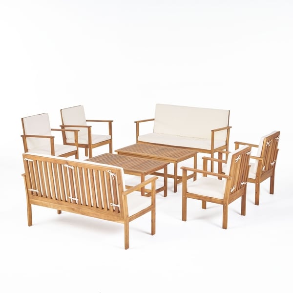 Luciano Outdoor Modern 8 Seater Acacia Wood Chat Set with Cushions by Christopher Knight Home