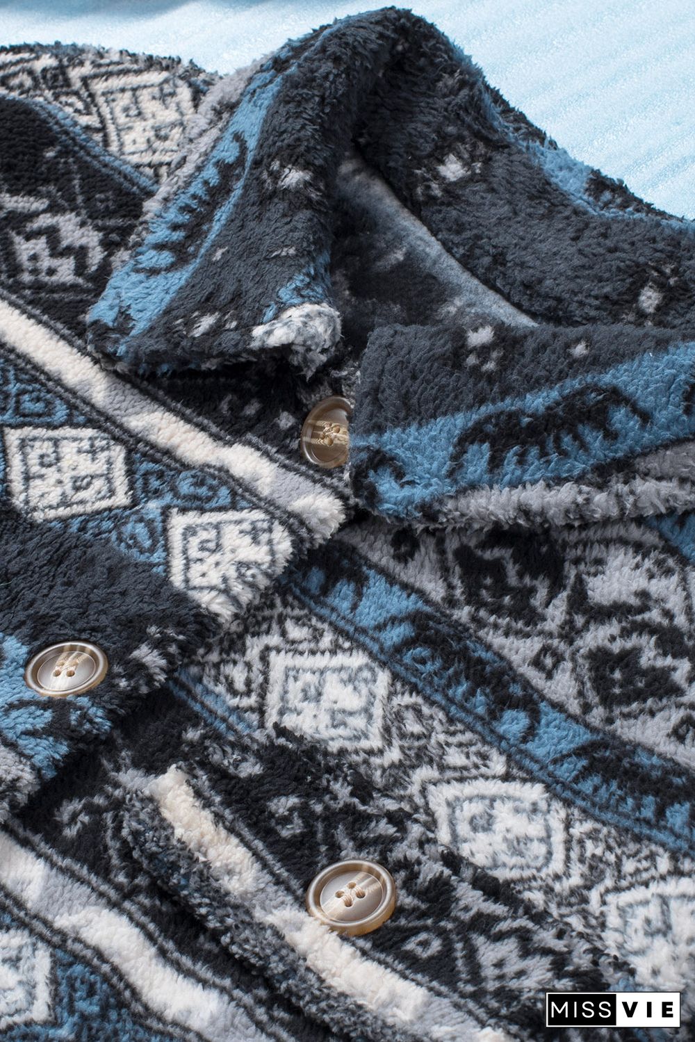 Blue Tribal Print Pocket Buttoned Sherpa Jacket