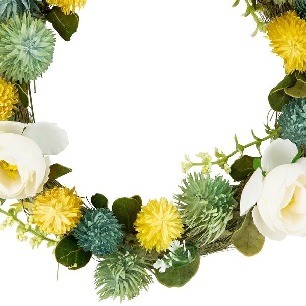 9 Cream Rose，Green and Yellow Thistle Hanging Spring Wreath