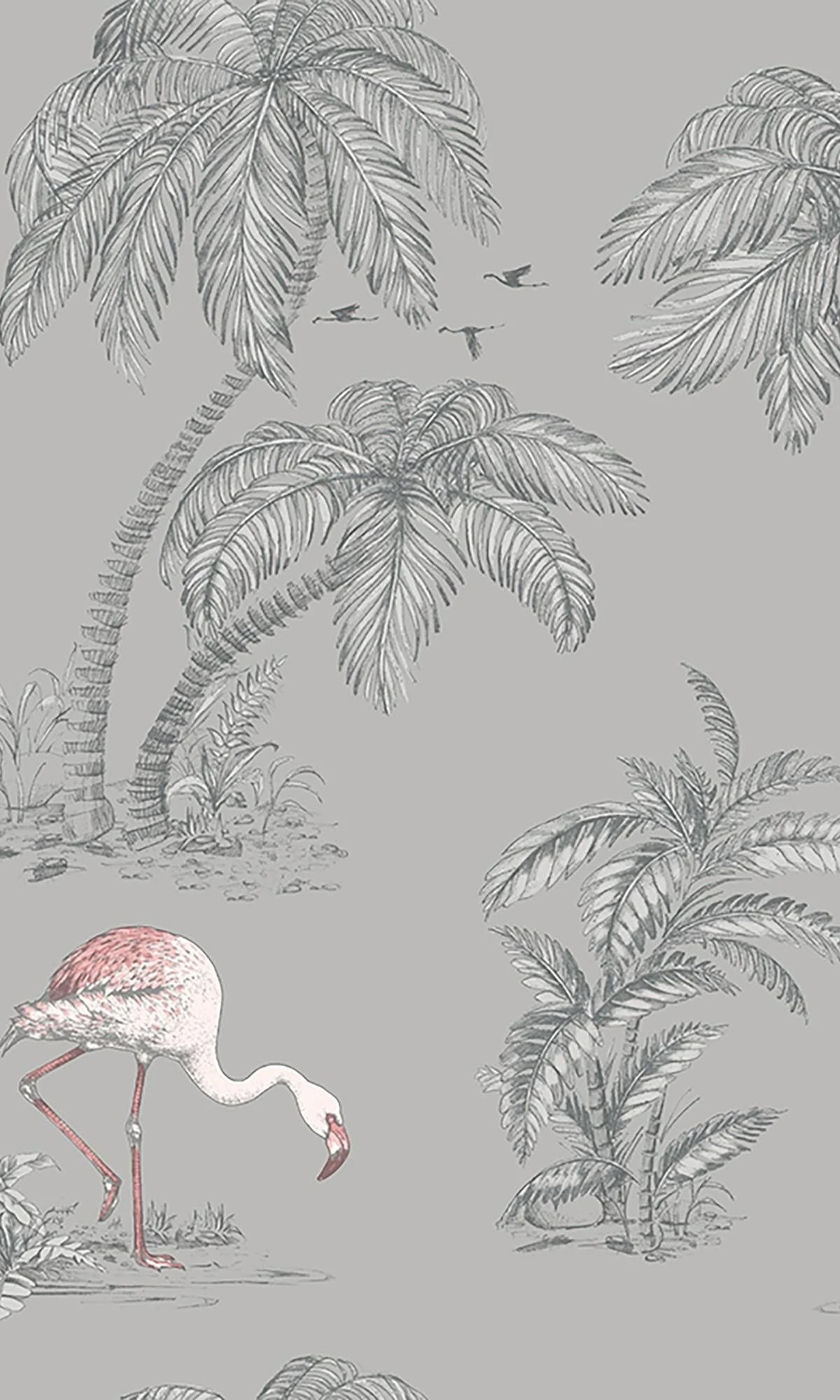 Tropical Leaves Grey and Pink Flamingo Wallpaper