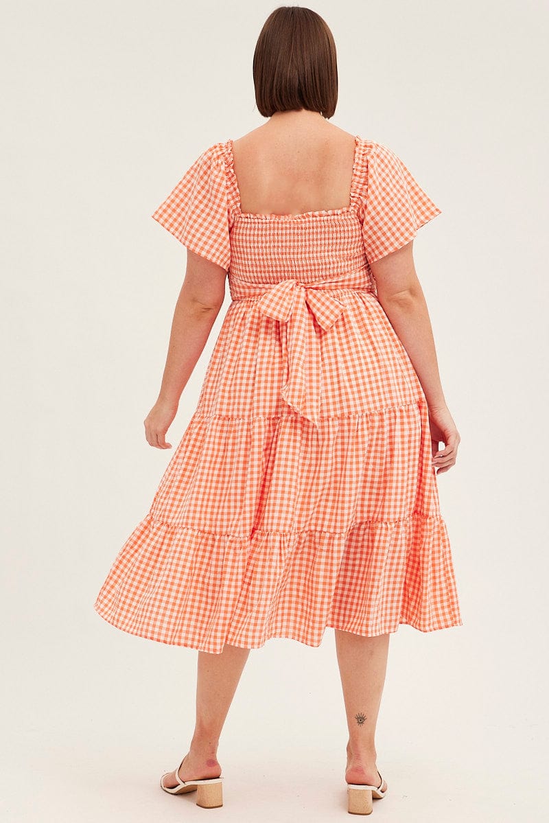 Check Midi Dress Off Shoulder Short Sleeve