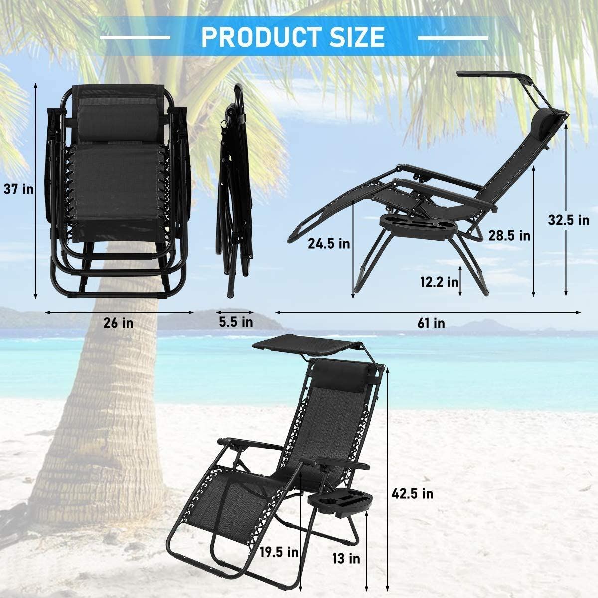 YRLLENSDAN Zero Gravity Chair Set of 2 with Canopy Cup Holder and Cushions, 250lbs Capacity Folding Outdoor Lounge Chairs Camping Chairs for Adult Lawn Chairs Recliner Chair Patio Chairs, Black