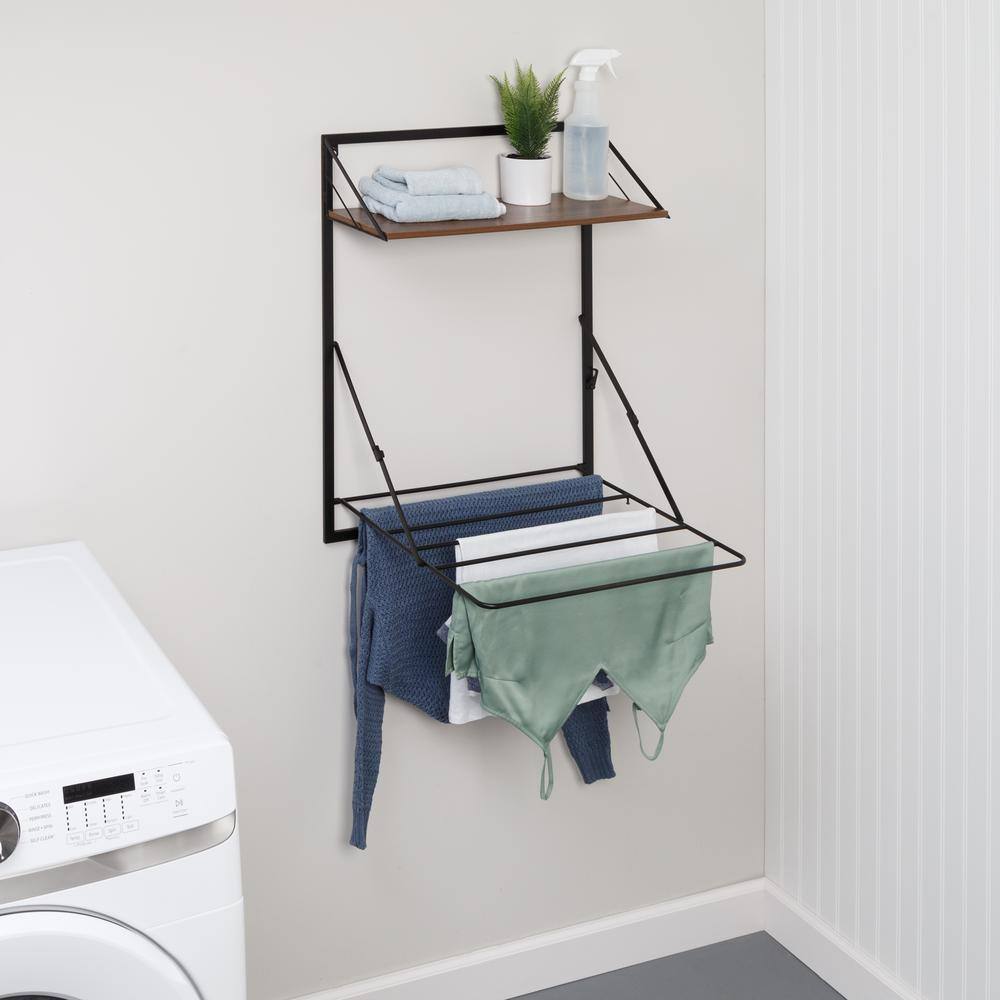 Honey-Can-Do Laundry Room Makeover 24 in. W x 31 in. H Melamine and Steel Wall-Mounted Folding Drying Rack in BlackWalnut DRY-09779