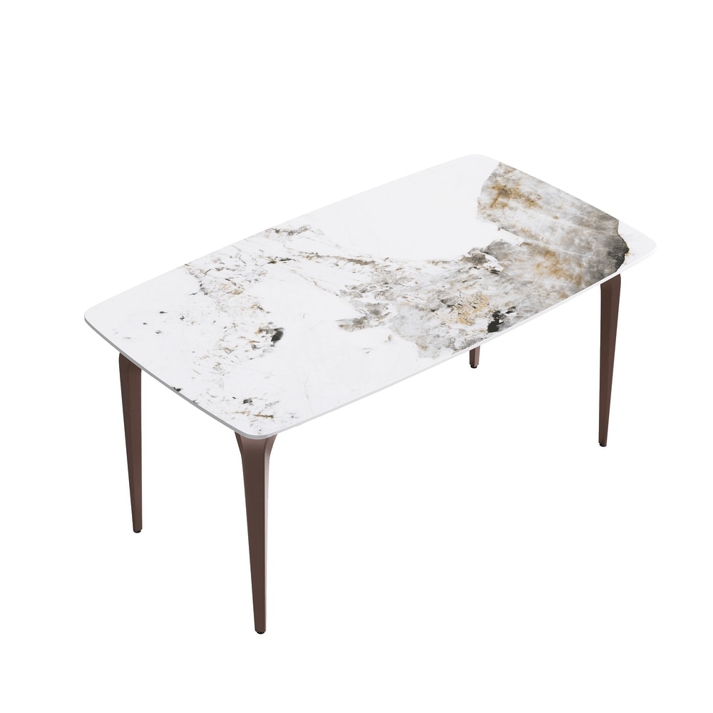 63 Inch White Artificial Stone and Metal Leg Dining Table for 6 People