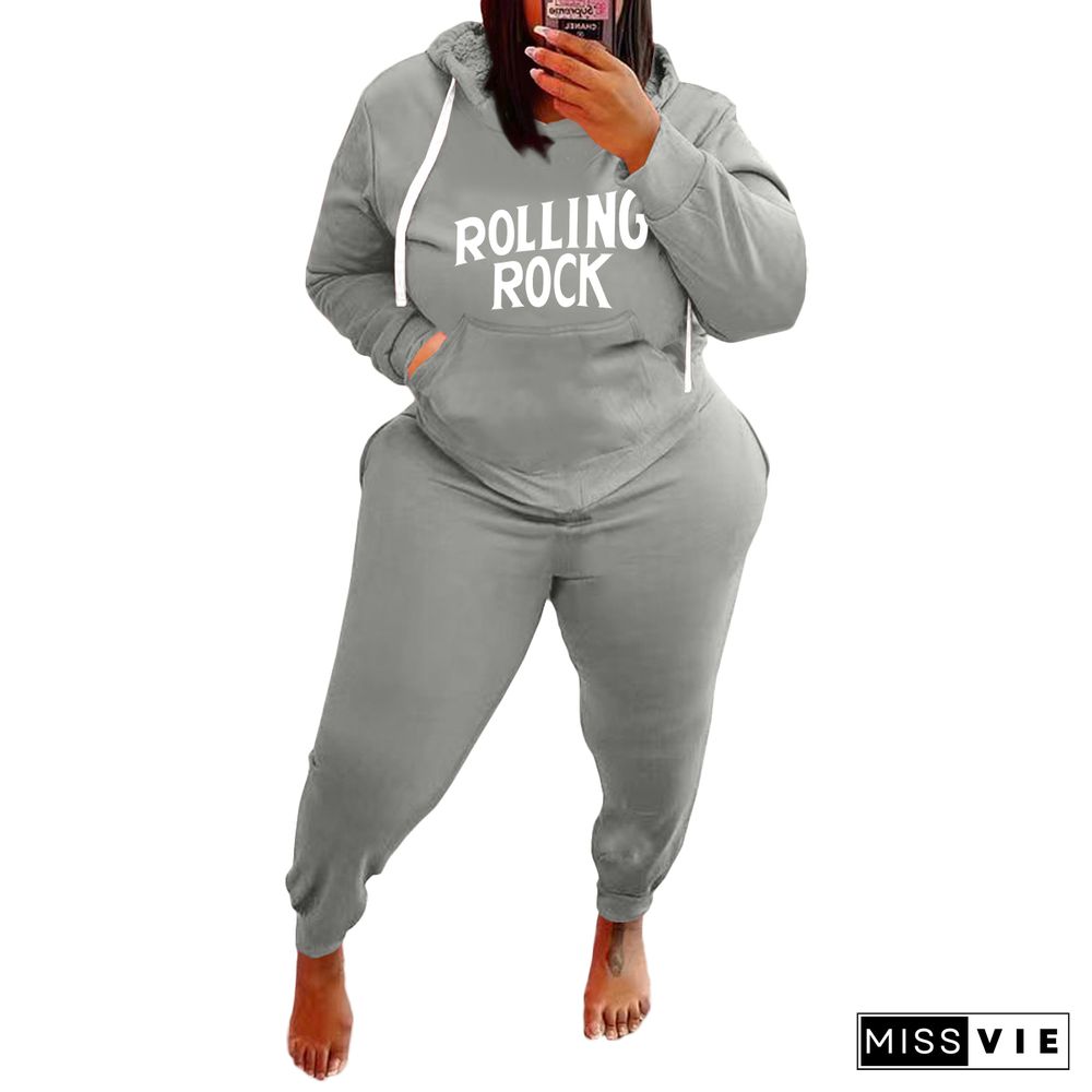 Plus Size Letter Print Hooded Sweatshirt And Pants Suit