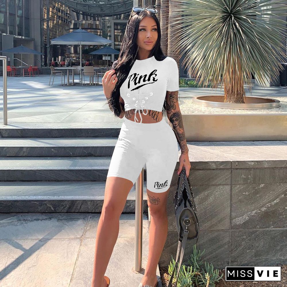 Sportswear Short Sleeve Crop Tops Biker Shorts Set