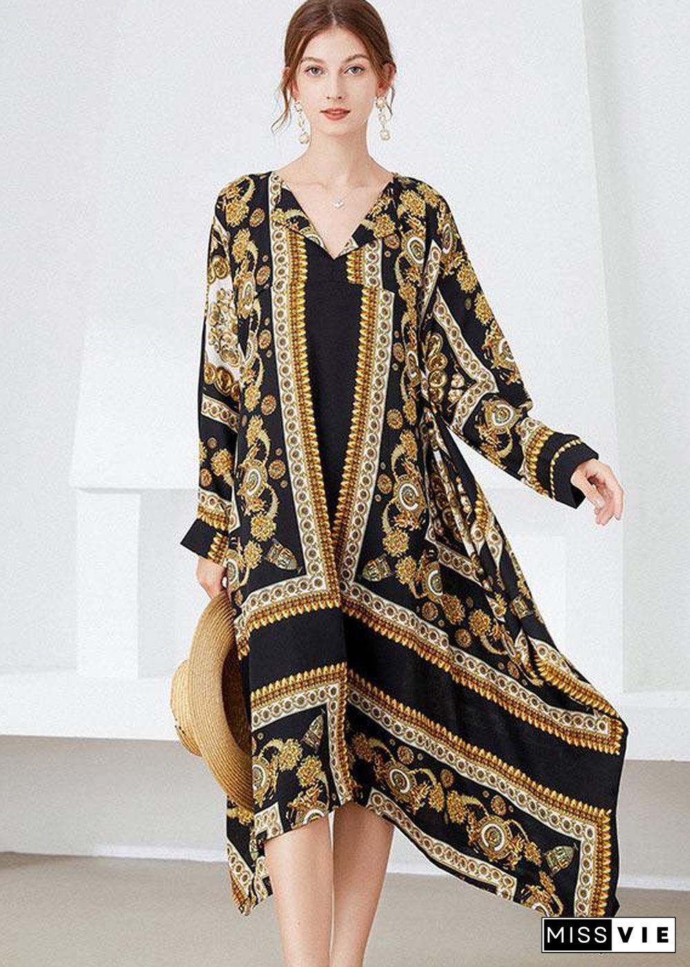 Women Black Yellow Print Loose Asymmetrical Design Fall Holiday Dress Long Sleeve