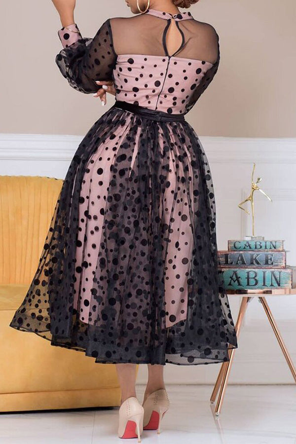 Temperament Polka Dot Mesh Stitching Midi Dress