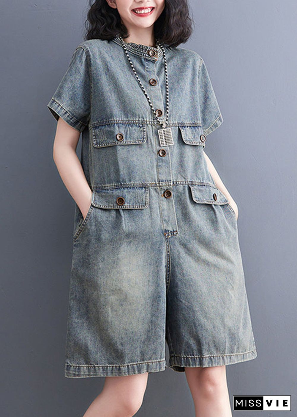 Plus Size Denim Blue O-Neck Patchwork Button Jumpsuits Short Sleeve