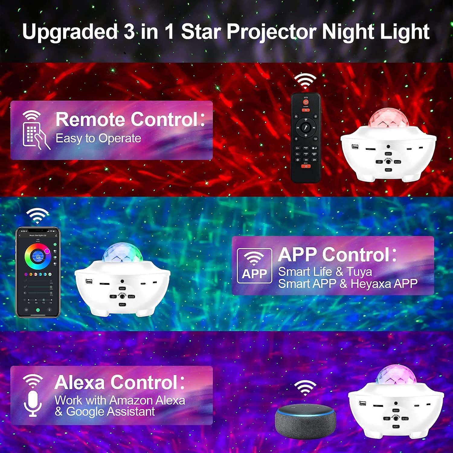 Galaxy Projector， Music Night Light With Bluetooth Speaker， Alexa and Google Assistant， Water Wave And Star Effects， Star Projector Galaxy Light For Bed