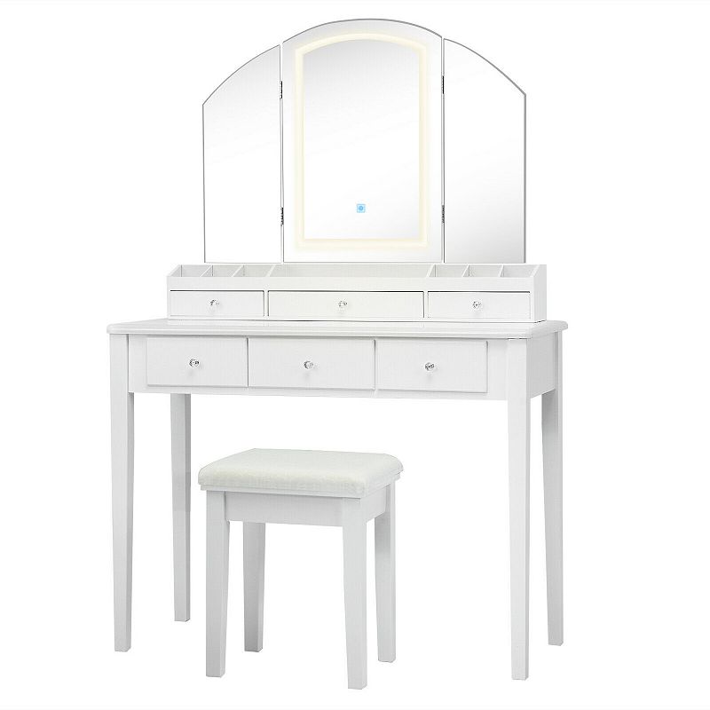 Vanity Table Stool Set with Large Tri-folding Lighted Mirror