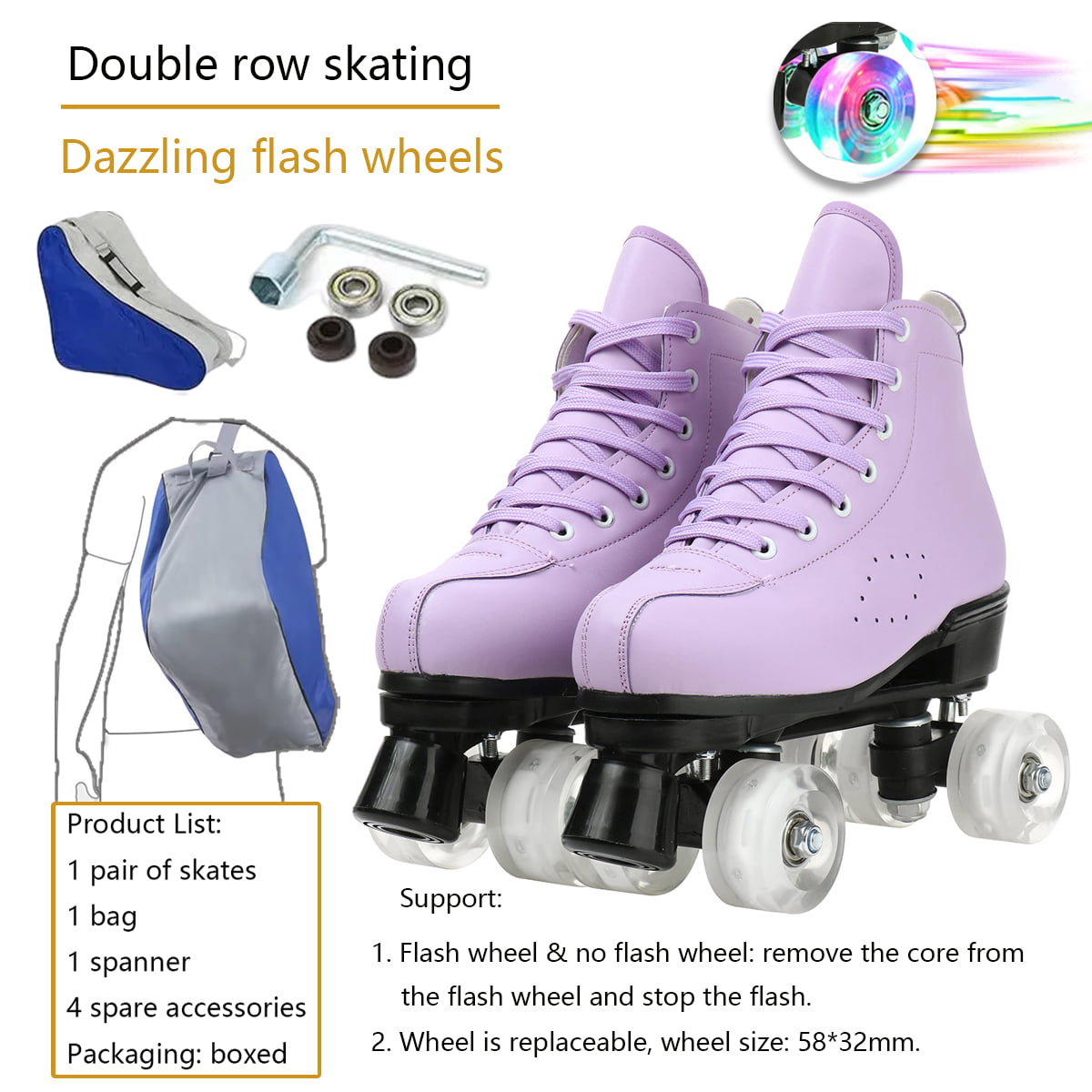 PU Leather Roller Skates， High-Top Design， Roller Artistic with Double-Row Shiny Wheels for Women and Men， Purple， Size 6.5