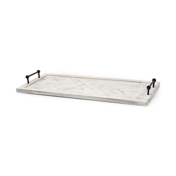 Whitewashed Tone Wood With Herringbone Pattern With Metal Raised Edges Tray - 4