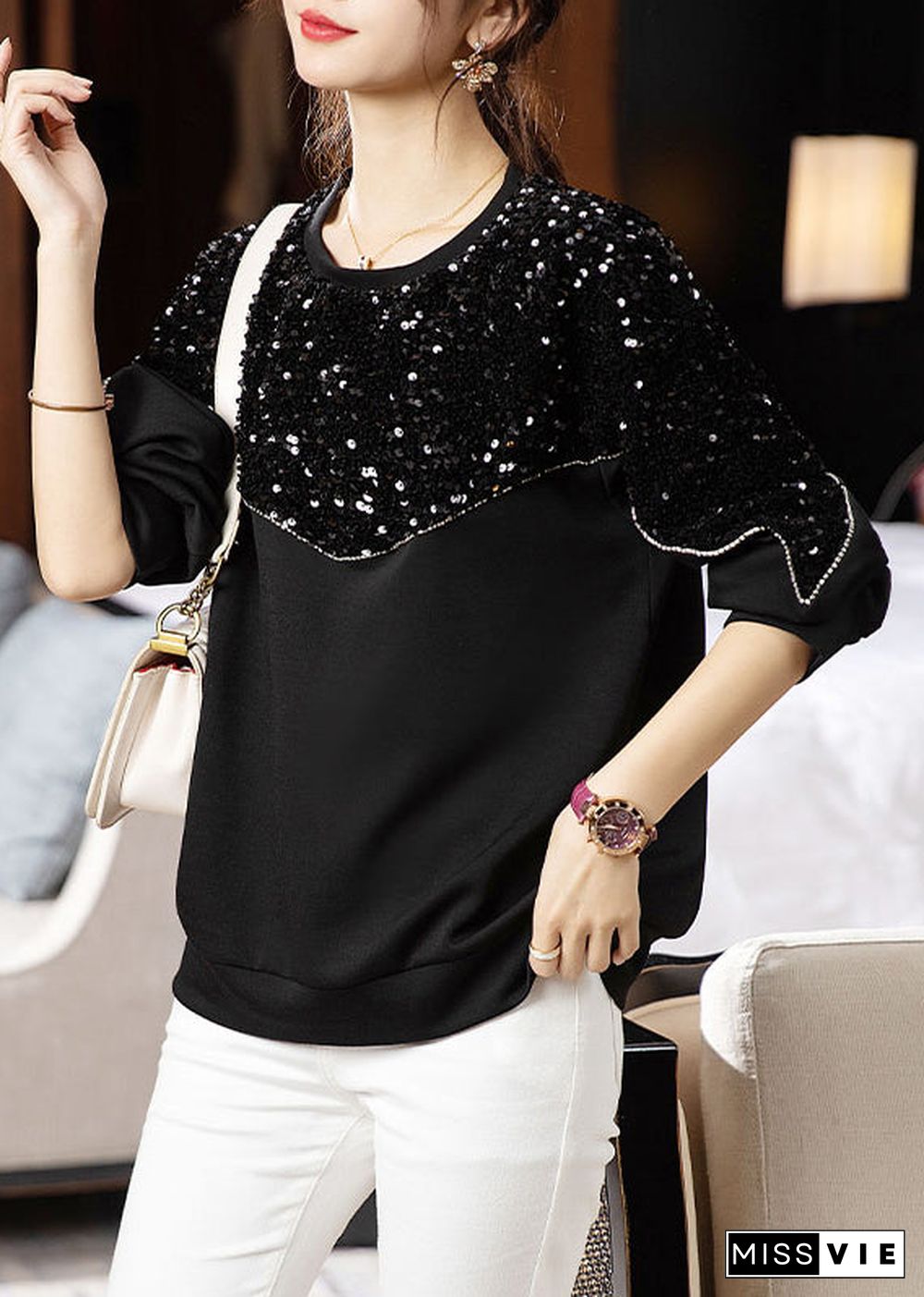 Black Patchwork Loose Cotton Sweatshirt O Neck Long Sleeve