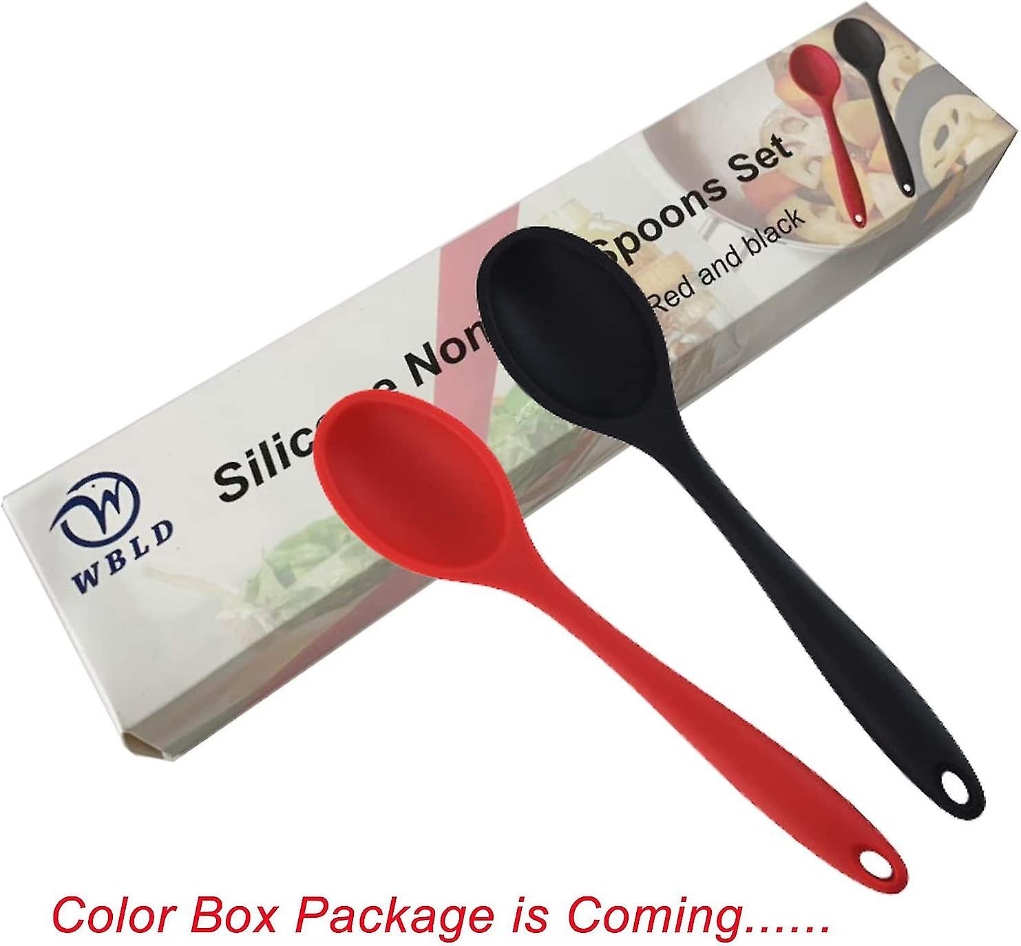 Silicone Nonstick Mixing Spoons Set 2， High Heat Resistant， Mixing And Serving，red And Black With Color Box