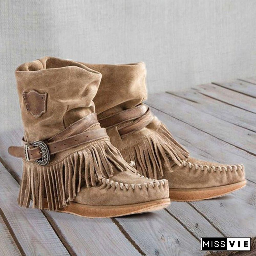 Women's Fringe Round Toe Retro Boots