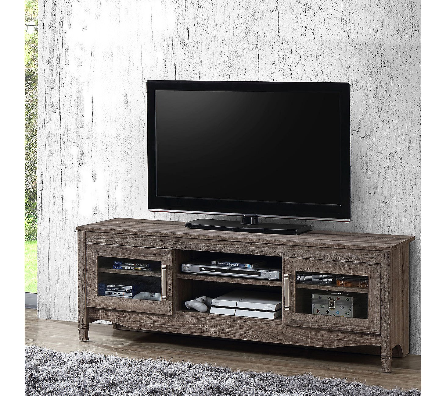 Techni Mobili Grey Driftwood TV Stand with Storage Cabinets