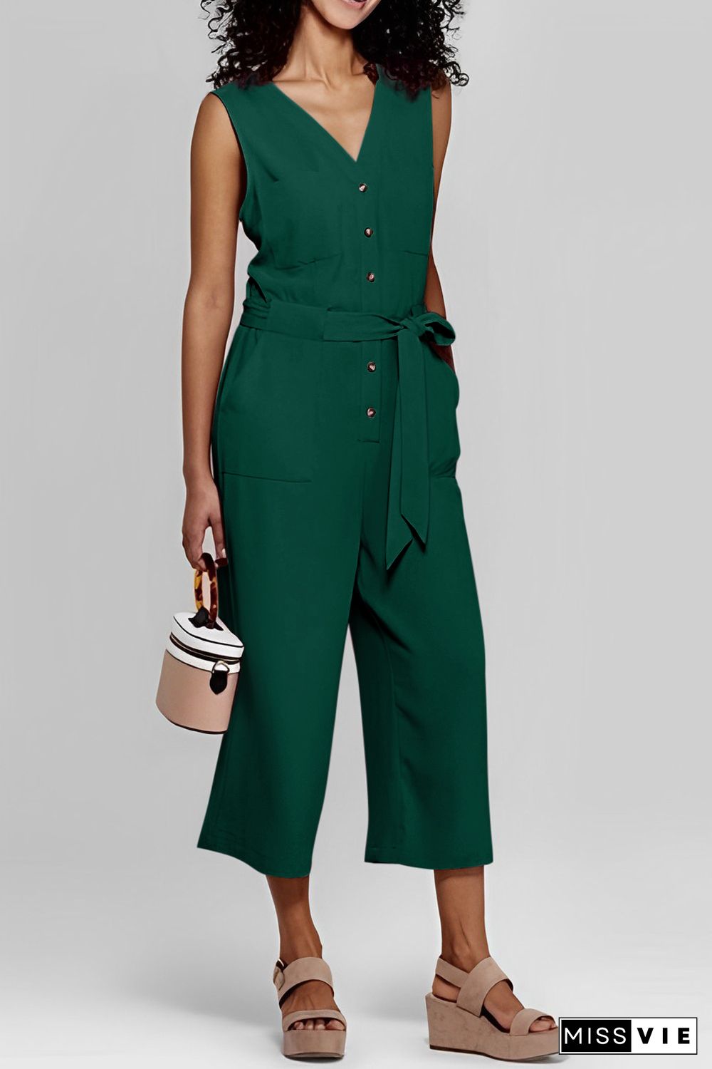 Green Buttoned Sleeveless Cropped Jumpsuit with Sash