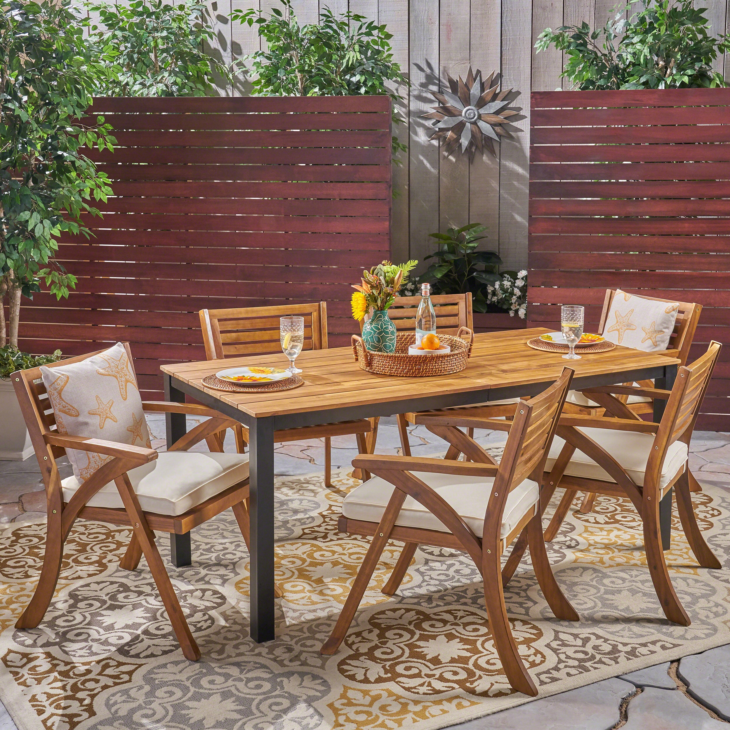 Nora Outdoor 7 Piece Acacia Wood Dining Set, Teak and Cream