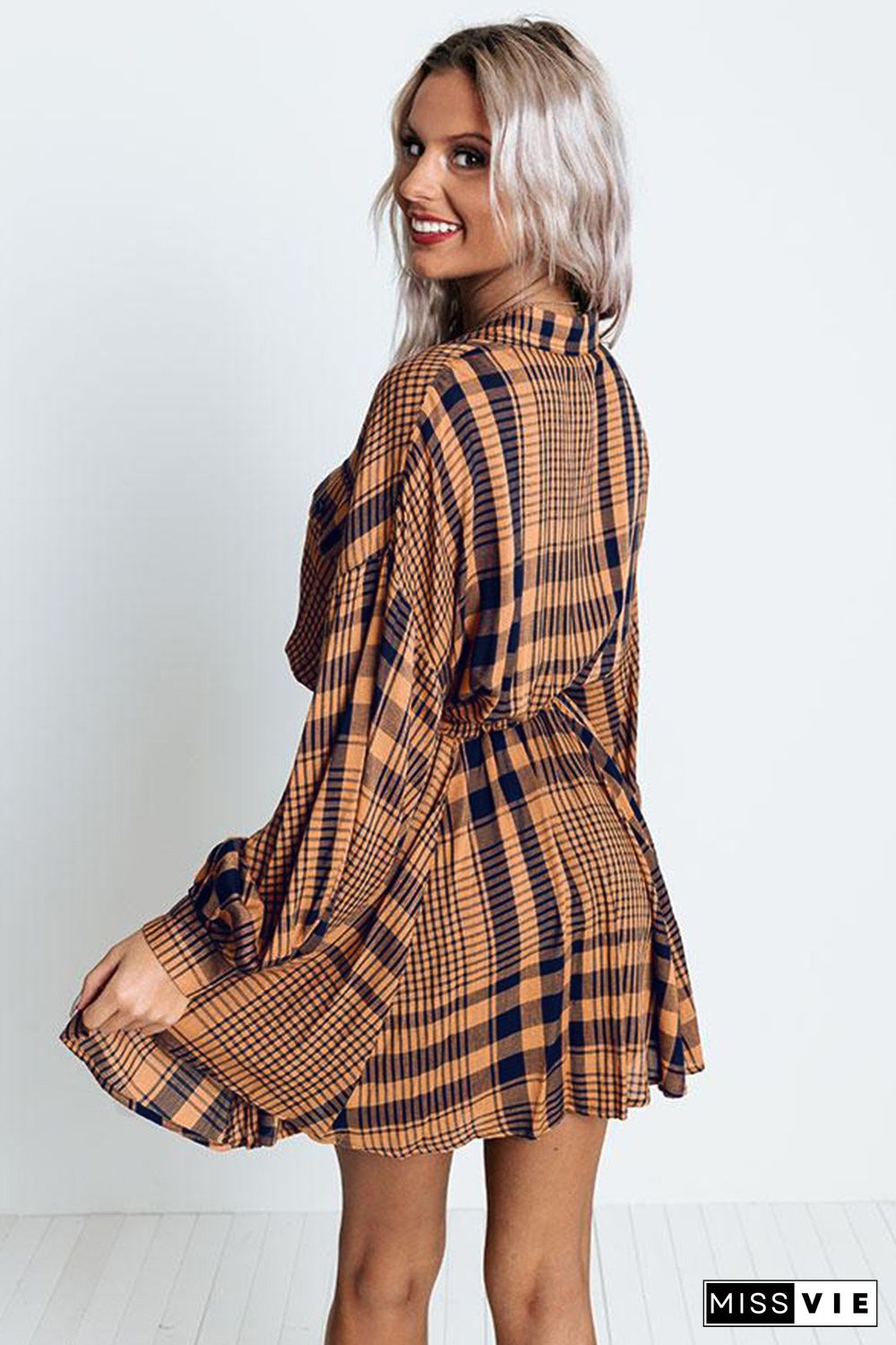 Orange Plaid Print Pocketed Drawstring High Waist Mini Dress