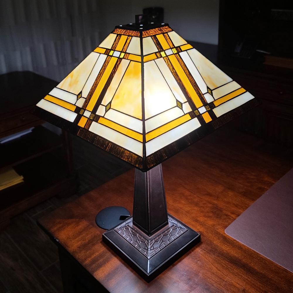 23" White Amber and Brown Stained Glass Two Light Mission Style Table Lamp