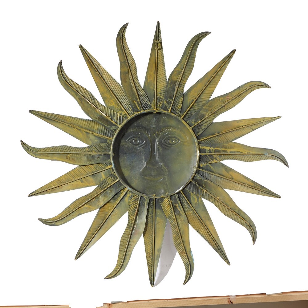 Gold Metal Indoor Outdoor Distressed Sunburst Wall Decor with Copper Like Accents and Grooves   35 x 1 x 35Round