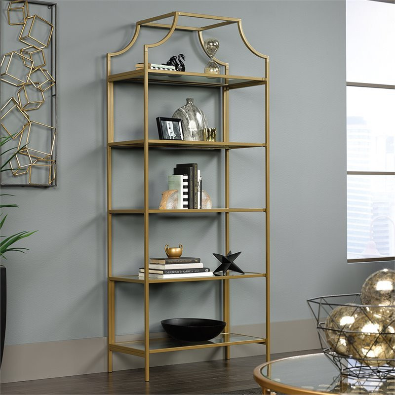 Pemberly Row Modern 5 Shelf Metal Bookcase in Satin Gold Finish   Contemporary   Bookcases   by Homesquare  Houzz