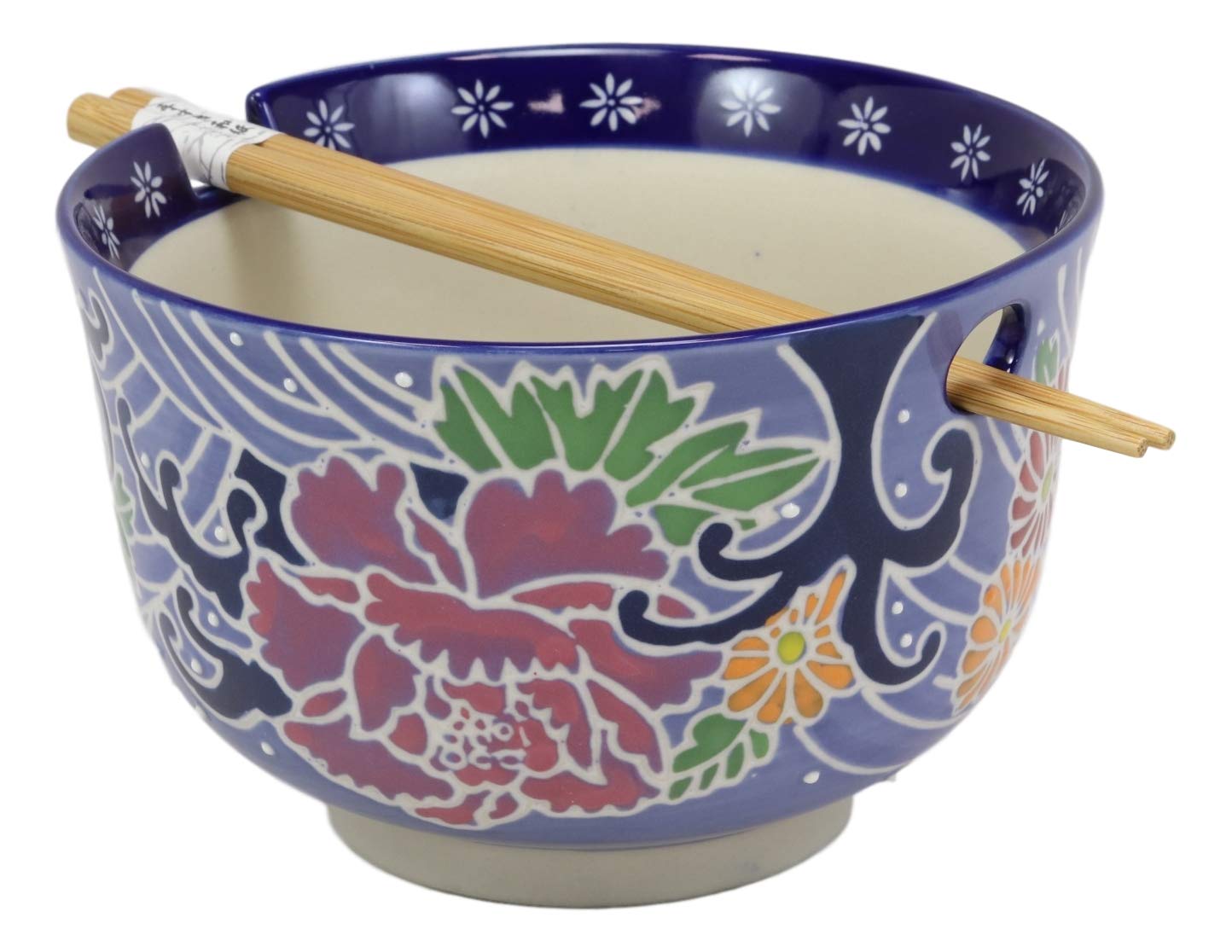 Blue Floral Breeze Ramen Noodles Large 6.25D Pho Soup Bowl With Chopsticks Set