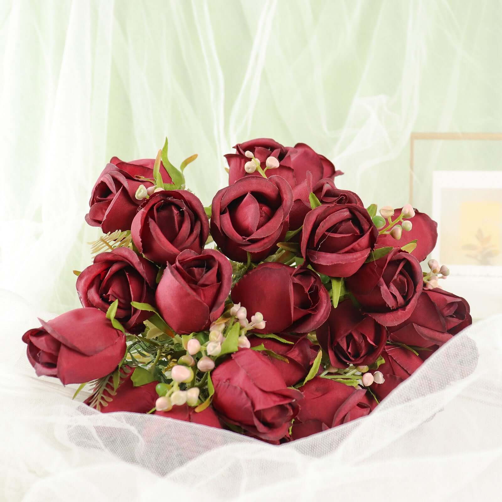 3 Pack Burgundy Real Touch Artificial Rose Bud Flower Bridal Bouquets, Silk Floral Bush Arrangements 13