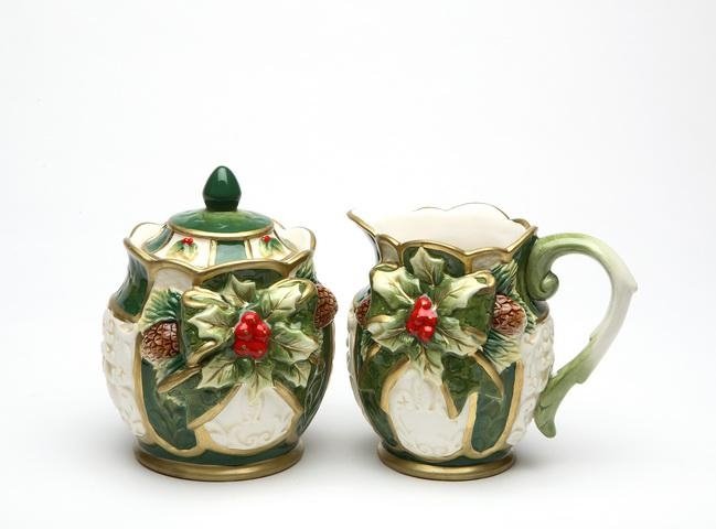 Green and White Gold-Trimmed with Holly Sugar Creamer Collectible