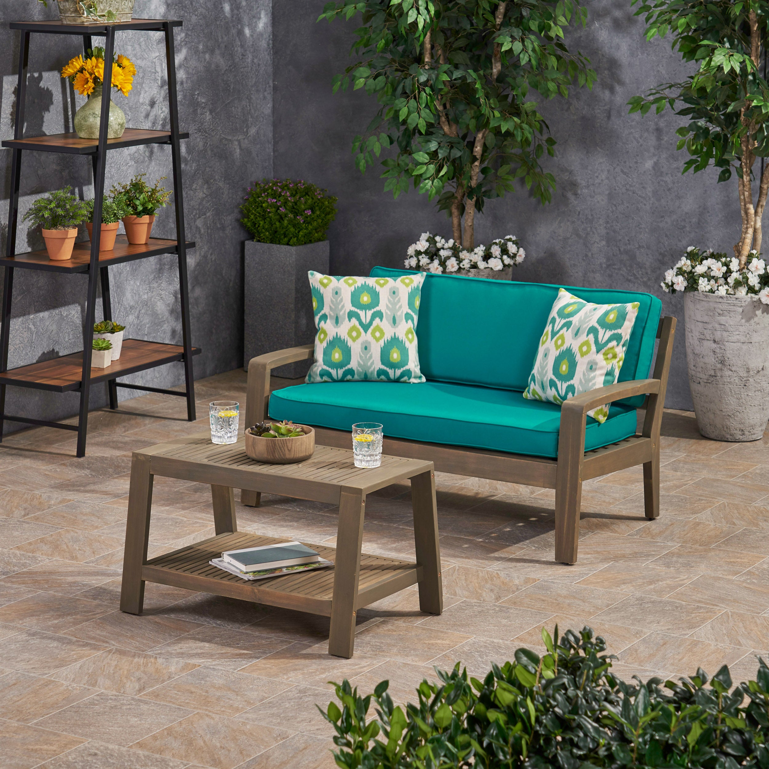 Parma Outdoor Acacia Wood Loveseat and Coffee Table Set with Sunbrella Cushions