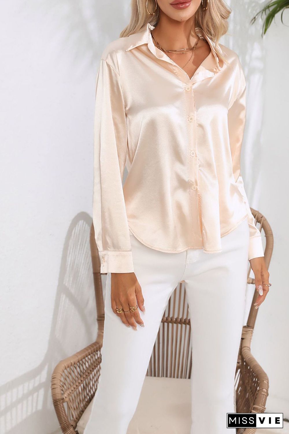 Plain Silky Open Button Long Sleeves Blouse Shirt