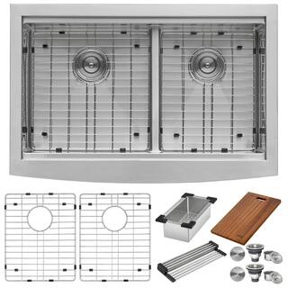 Ruvati Apron-Front Stainless Steel 33 in. 16-Gauge Workstation Double Bowl 60-40 Farmhouse Kitchen Sink RVH9201