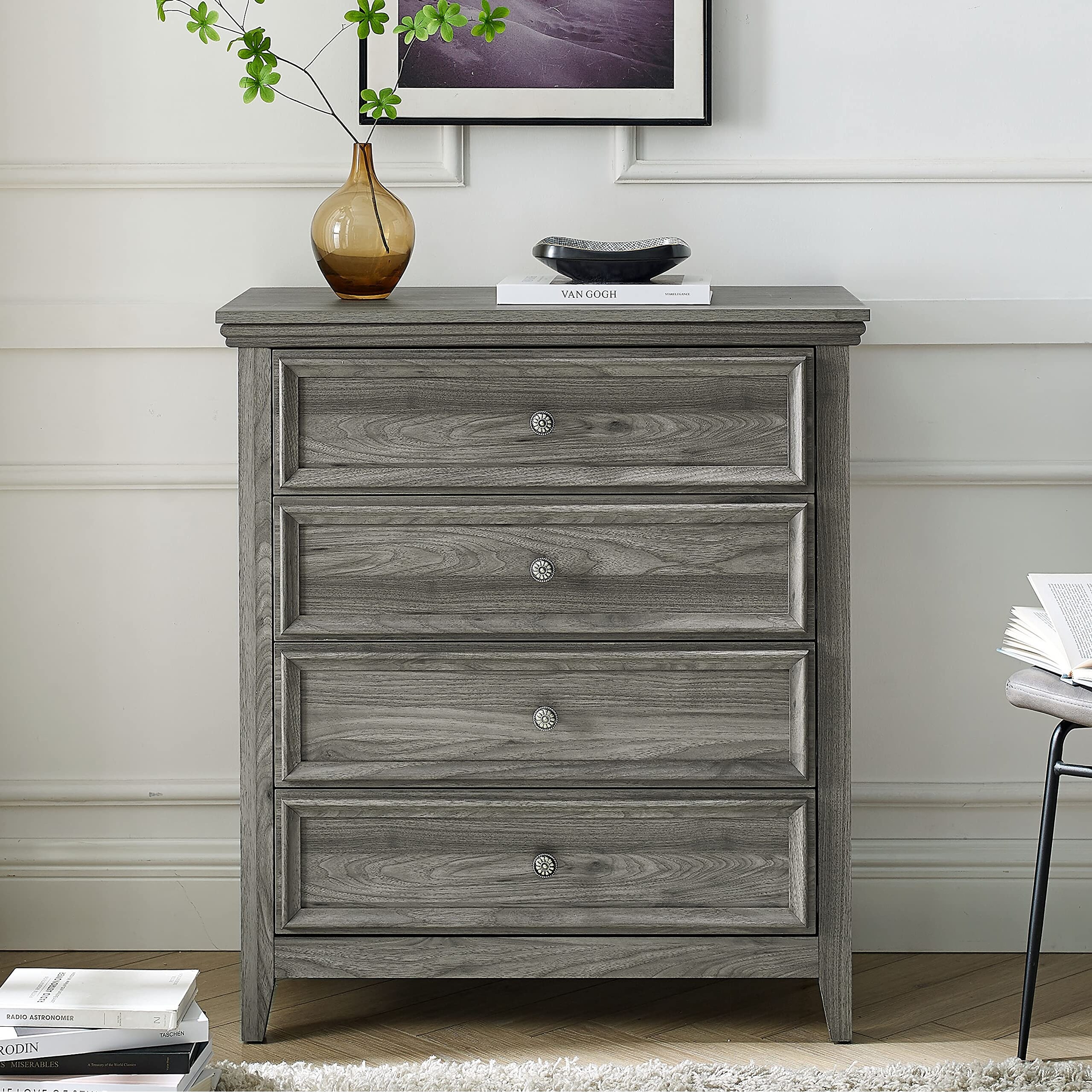 Dresser for Bedroom， 4 Chest of Drawers， Wood Dresser Grey， Tall Nightstand with Drawer Cabinet Kids Dresser - as picture - - 37668771