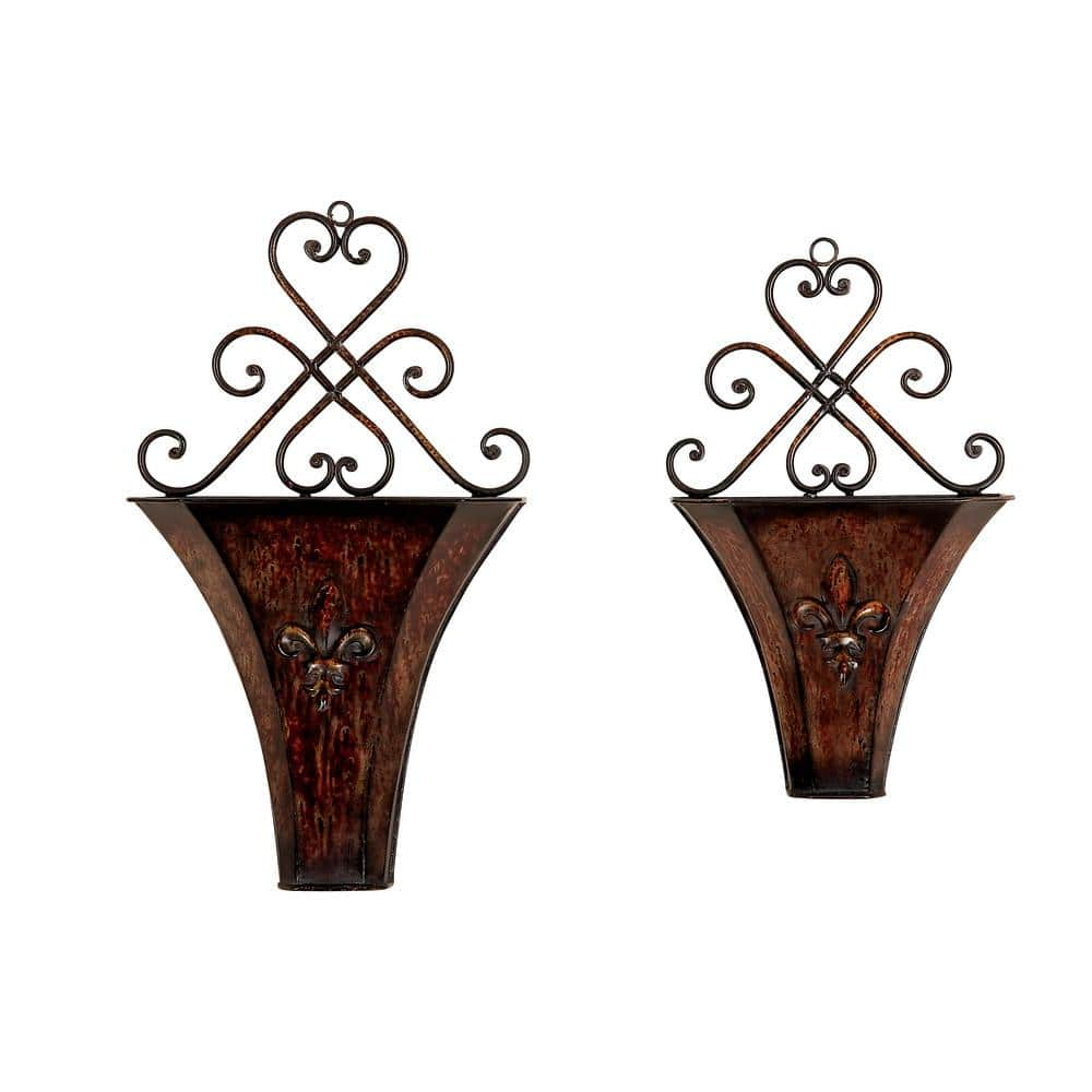 Litton Lane 18in. Medium Brown Metal Scroll Indoor Outdoor Hanging Wall Planter (2- Pack) 75727