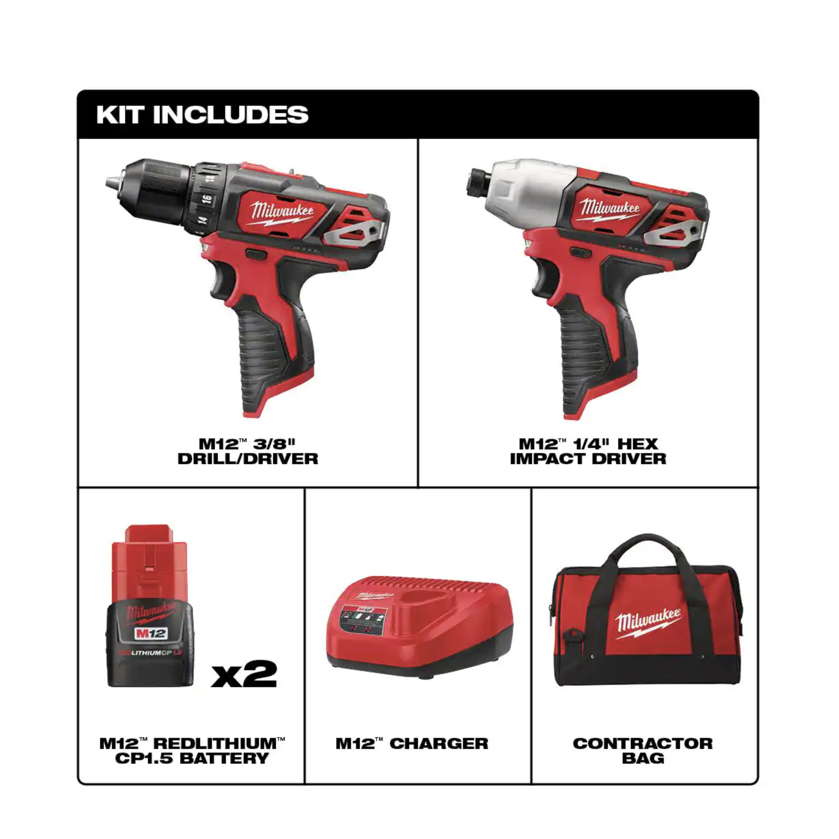 Milwaukee M12 12V Lithium-Ion Cordless Drill Driver/Impact Driver Combo Kit w/ Two 1.5Ah Batteries， Charger Tool Bag (2-Tool)