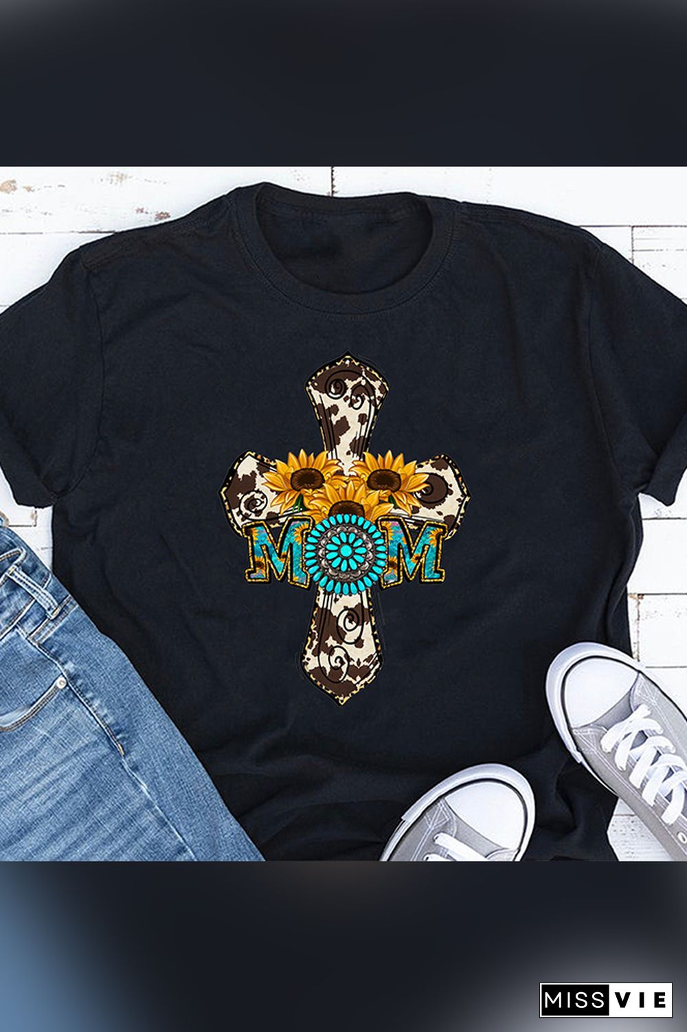 Cross Mom Sunflower Short Sleeve Graphic Tee Top Wholesale