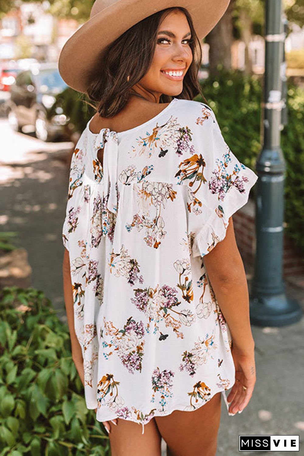 Floral Ruffled Short Sleeve Back Knot Blouse