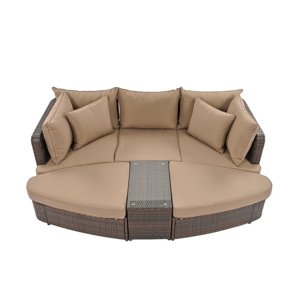 6Piece Patio Outdoor Conversation Sets Round Sectional Sofa，AllWeather PE Wicker Rattan Separate Seating Group with Table