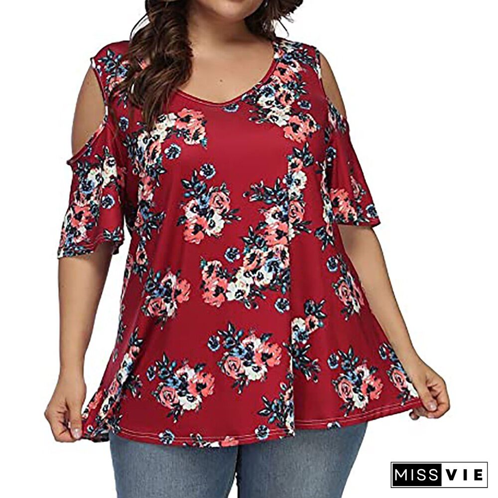 5XL Plus Size Women Floral Print Round Neck Tops and Blouse Lady Hollow Out Half Sleeve Summer Casual Female Loose T Shirts D30