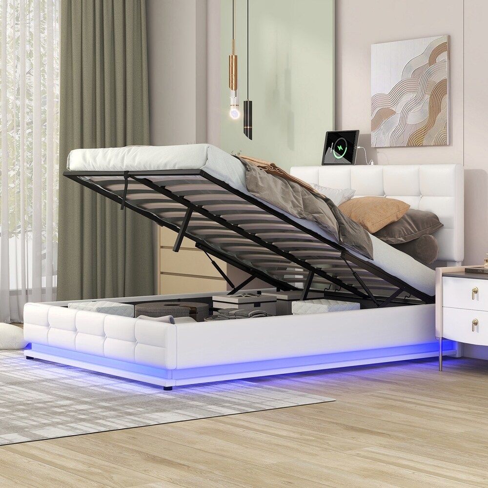 Modern Upholstered Storage Bed with LED Lights and USB charger