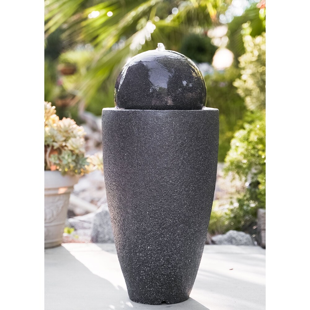 XBrand Modern Stone Textured Round Sphere Water Fountain  LED Lights  25.6 Inch Tall  Black