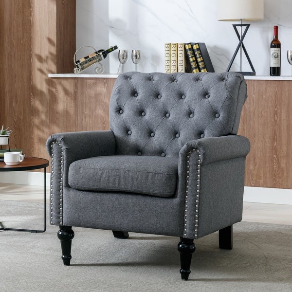 Linen Fabric Accent Armchair Tufted Upholstered Sofa， Dark Gray