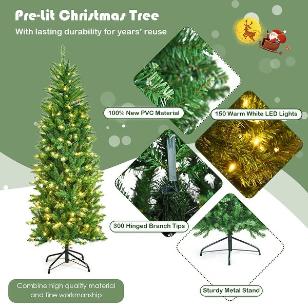 5FT 6FT Artificial Christmas Tree Hinged Fir Pencil Tree with Lights