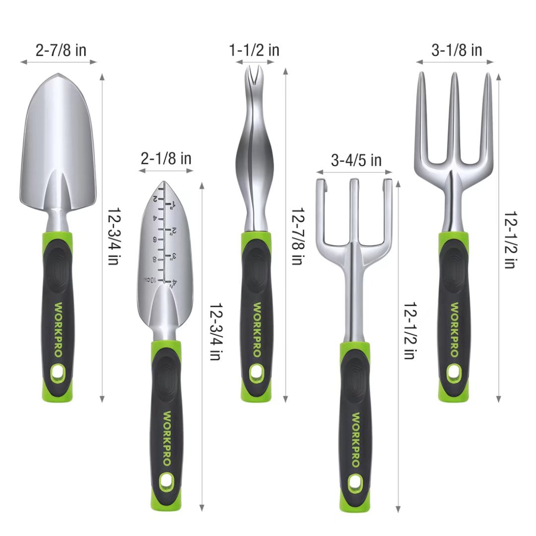 WORKPRO Garden Tool Set, 5 Pieces Gardening Work Gifts, Cast Aluminum Outdoor Hand Tools Kit for Men and Women, Including Trowel Transplanter Weeder Hand Fork Cultivator