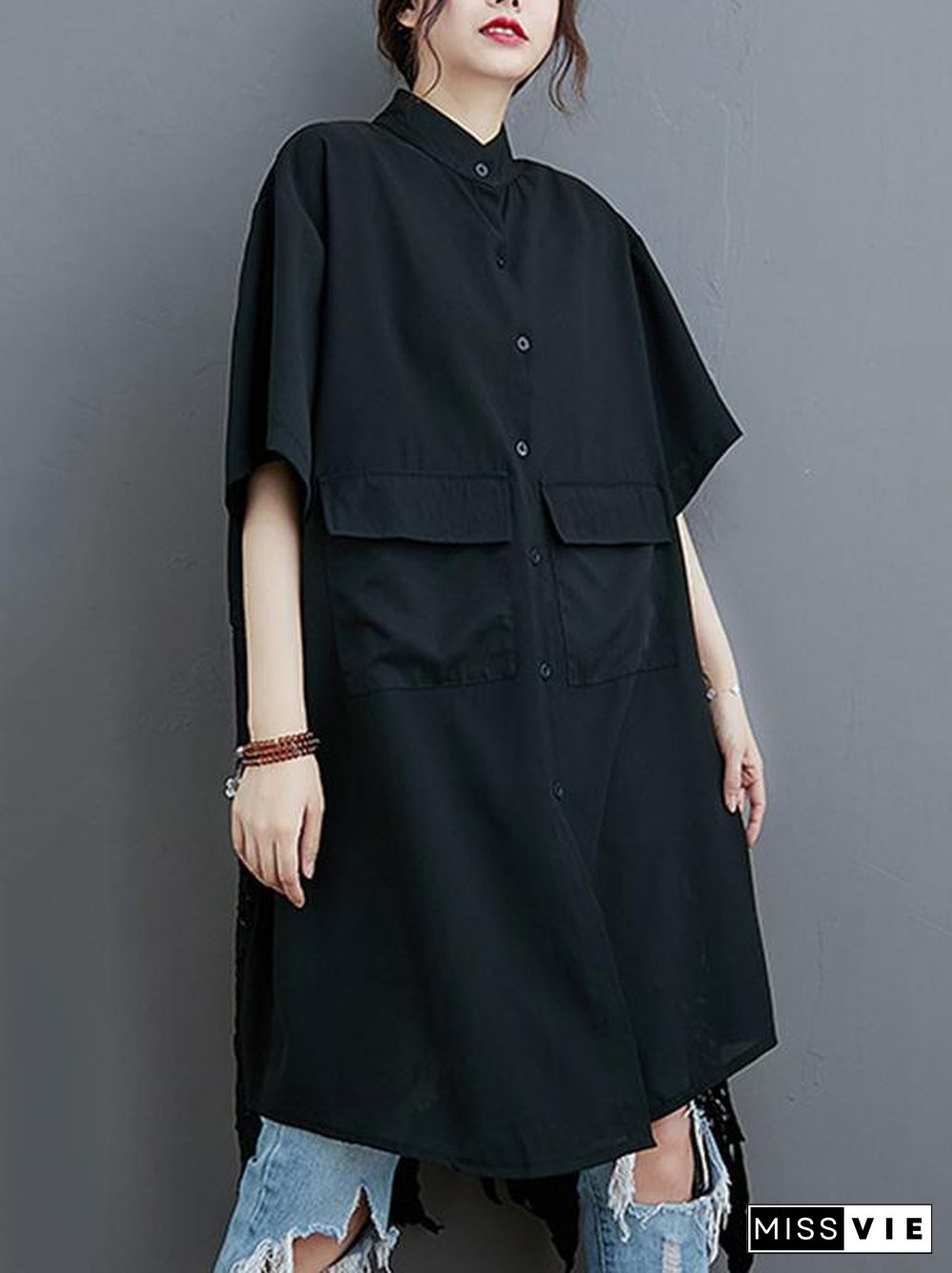 Loose Split-Joint Hollow Solid Long Blouse