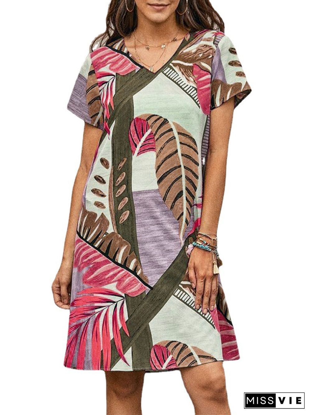 Women's Printed Loose Casual Short Sleeved Dress Women's Wear