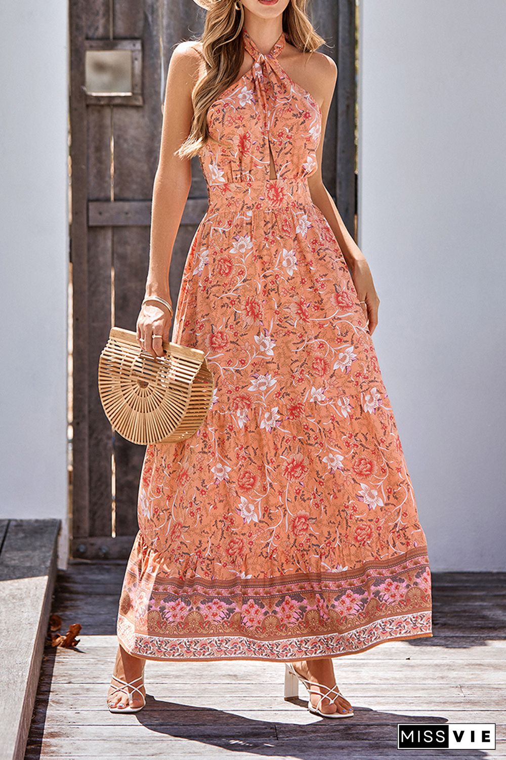 Halter Backless Bohemian Floral Maxi Dress